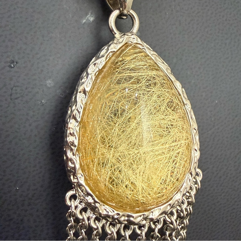 Stainless Steel Golden Rutilated Quartz Teardrop Fringe Pendant 29” Necklace - Picture 5 of 14